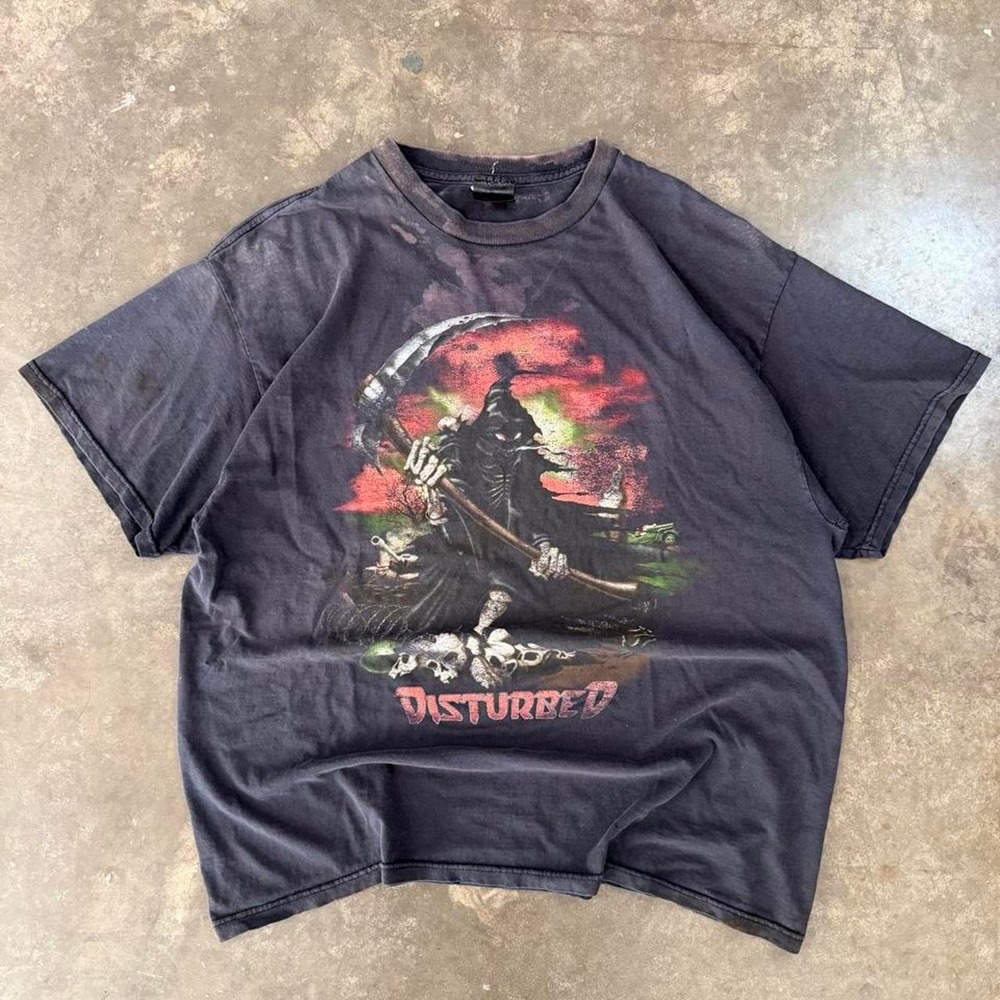 Vintage Disturbed Grim Reaper Band Tee XL Faded Distressed Y2K Metal Rock Shirt